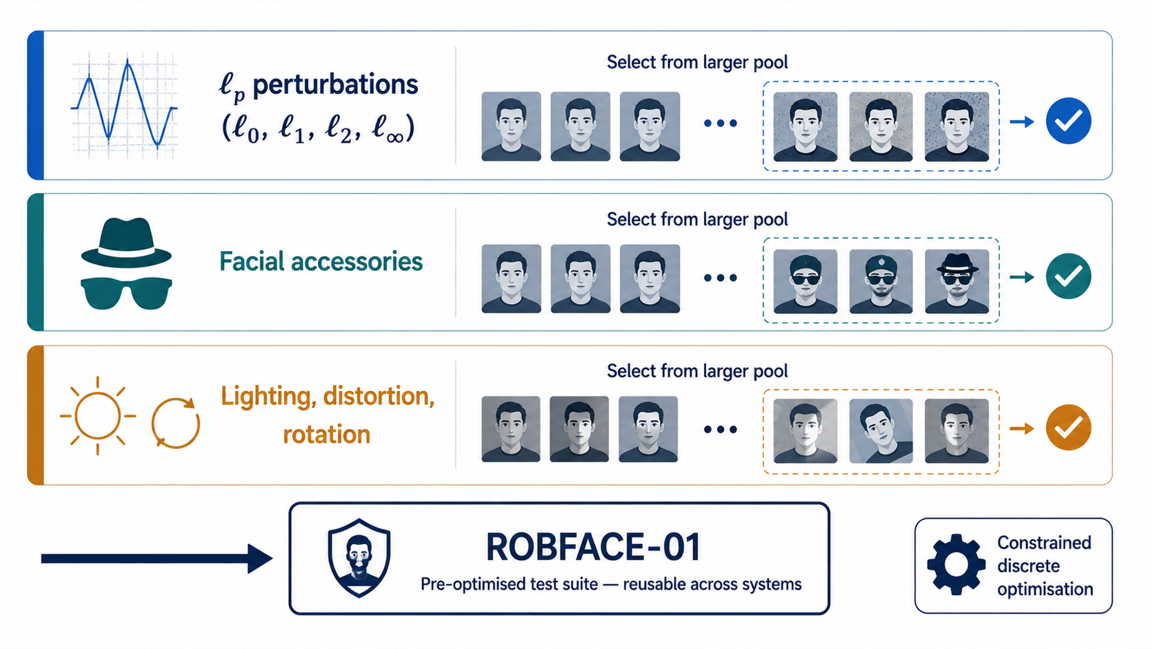 ROBFACE construction process: constrained discrete optimisation over transferable adversarial samples